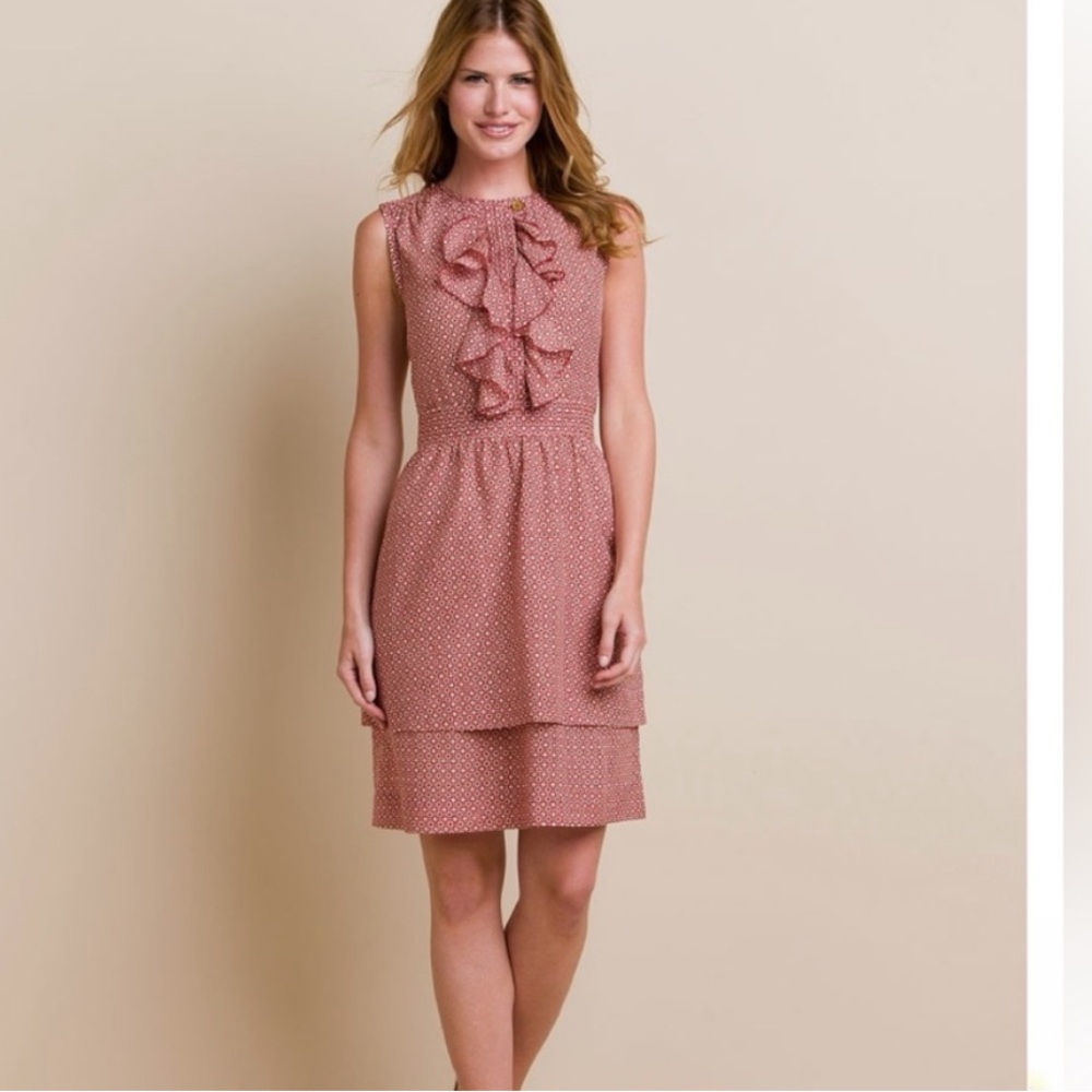 NWT Tory Burch Darilynn Ruffle Sleeveless Dress 0 Brick Red Silk Cotton